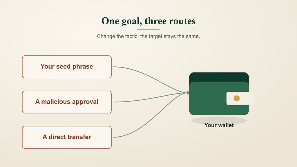 Diagram of how crypto scams work, showing three attacker targets (your seed phrase, a malicious approval, a direct transfer) all pointing to a single wallet.