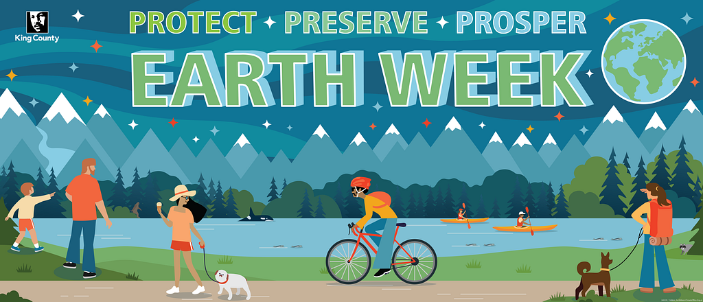 Colorful graphic of a nature scene with water, mountains and people enjoying the outdoors, and the words “2024 Earth Week. Protect. Preserve. Prosper.”
