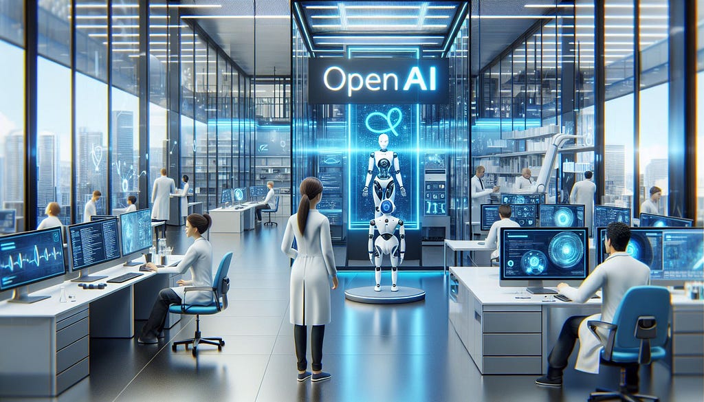 A Microsoft Copilot created image show some technicians and a couple of robots with OpenAI text above them.