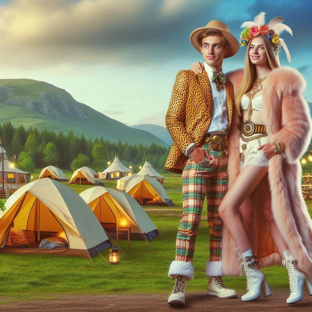 glamping outfits worn by a young couple at a campsite