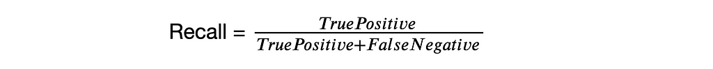 The forumal for recall equals the rate of True Positives divided by the sum of True Postives and False Negatives.