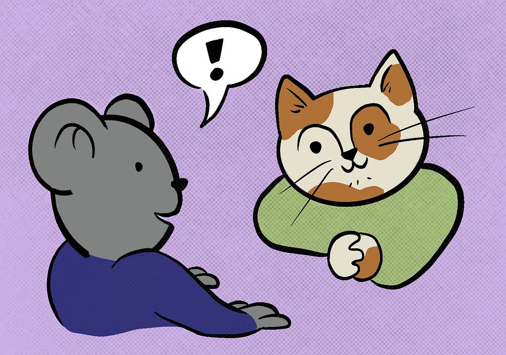 an illustration of a mouse and cat having a pleasant discussion