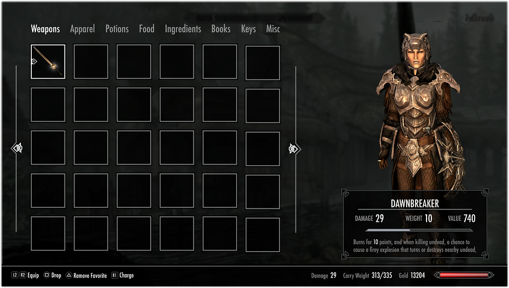 On the left is a grid with a sword in one of the boxes. On the right is a player character in full steel armor from Skyrim.