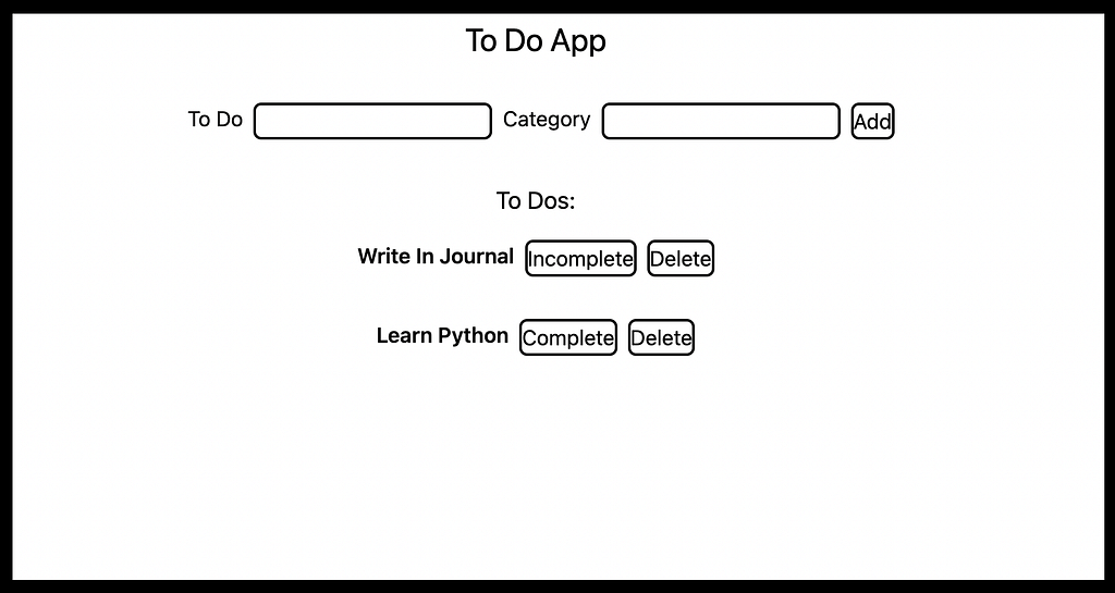 A home page for a To Do web app. At the top of the page is an area where a user can add a new to do along with a corresponding category. Bellow are the current to do items listed out, Write In Journal and Learn Python. Next to each to do item is a button that says incomplete and delete.