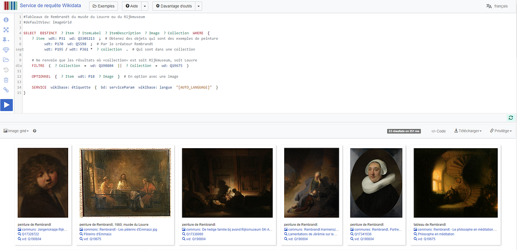 Fig. 6.- Requête SparQL dans Wikidata, permettant l’affichage tableaux de Rembrandt.