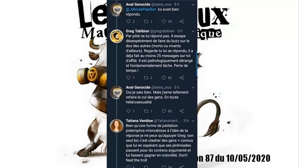 Echange de tweets. Greg Tabibian dit “ne lui réponds surtout pas, il essaie de faire du buzz sur le dos des autres”. Tatiana Ventôse abonde dans ce sens : “il essaie de clasher les gens plus connus pour gagner en notoriété, n’alimente pas le troll”