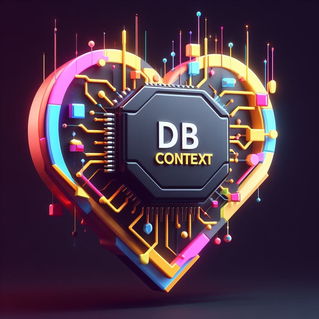 A header image for this article: A heart with a processing chip on it with the text “DB Context”.