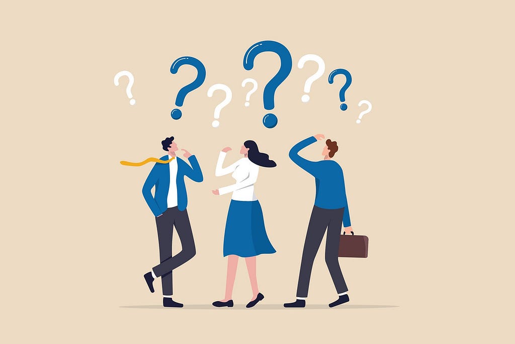 Vectorized illustration of three people questioning, question marks above their heads