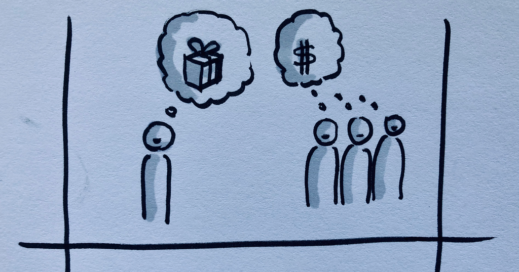 A designer thinking about his shiny product design and stakeholders thinking about money