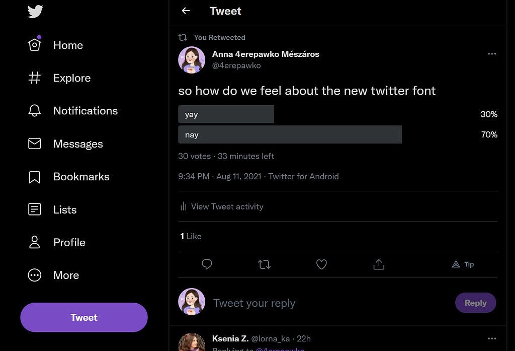 Screenshot of the Twitter UI in the ‘Lights out’ mode