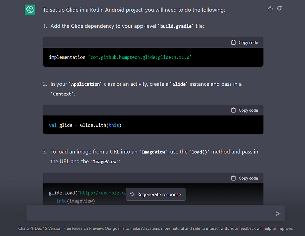 ChatGPT’s response when asked for setting up Glide in the Kotlin Android project