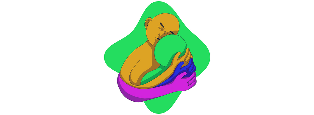 A yellow figure embracing a green figure, with a blue hand and a pink hand supporting the embrace