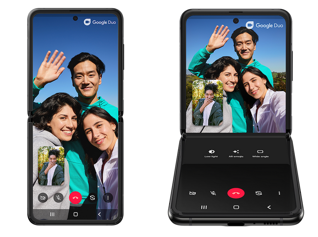 Google Duo on the Samsung Galaxy Z Flip in both the flat and half-opened state.