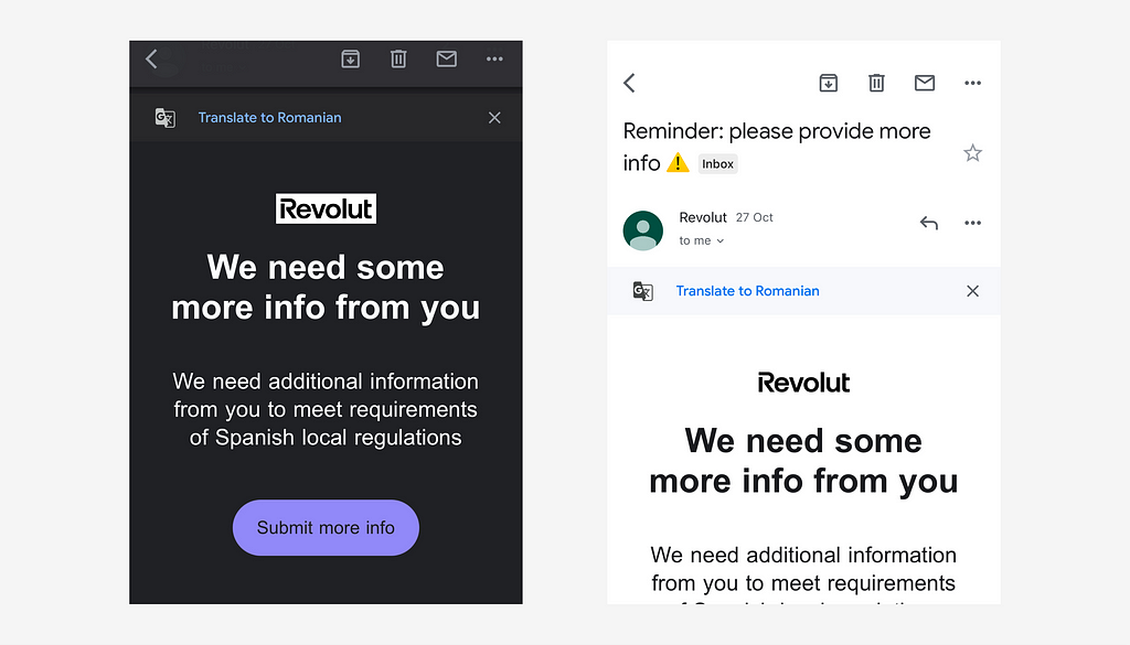 On the left there is an example of the Revolut Newsletter in dark mode, and on the right there is an example of the Revolut Newsletter in light mode