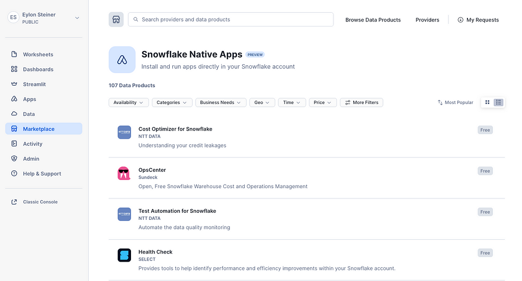 Snowflake native apps dashboard