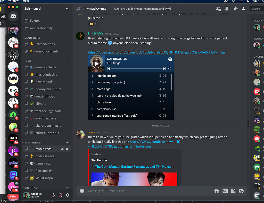 Another screenshot, this time of Spirit Level’s Discord server. Discord is an app designed for people to chat with each other in real time, share video and audio, and also have audio and video conversations with each other. This screenshot shows Discord’s cluttered and messy interface. On the left is a series of links to chat rooms with names like “hooray the future” and “share your music.” On the right is a chat room where users are sharing their favourite new music, like FKA Twigs’ new album.