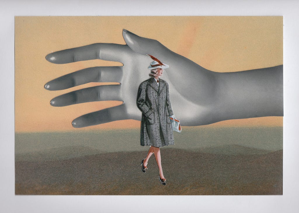 A woman in a grey coat and feather hat, in front of a giant grey mannequin hand. Starburst art in the background.