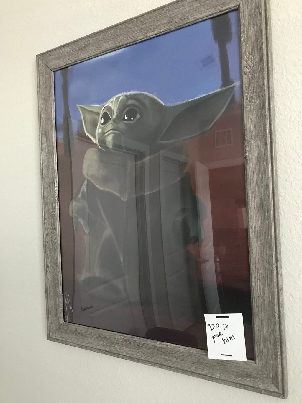 Framed painting of Baby Yoda