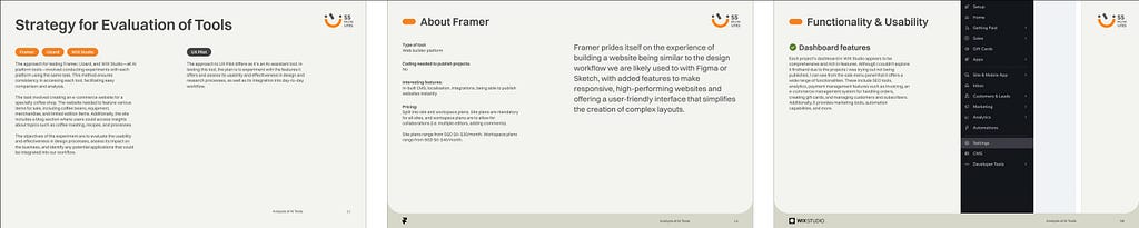 An image of three sample pages of the report of the analysis of AI tools on Framer, Uizard, WIX Studio, and UX Pilot.