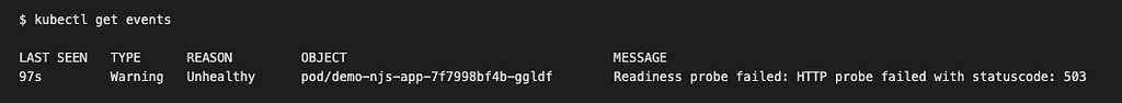 A screenshot of a terminal window with a failing readiness probe event