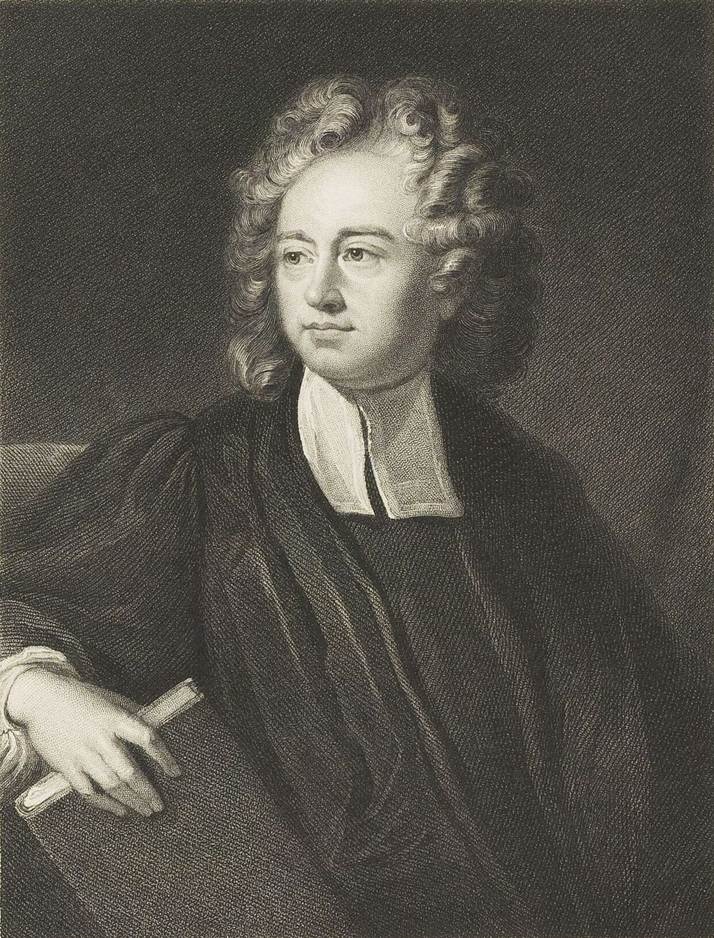 Engraved portrait of Richard Bentley, an 18th-century English classical scholar. He is shown seated, facing slightly to the left, with long curly hair, wearing clerical robes and a white collar. His right hand rests on a closed book, which he holds at the bottom edge. The background is plain and shaded, emphasizing his face and attire.