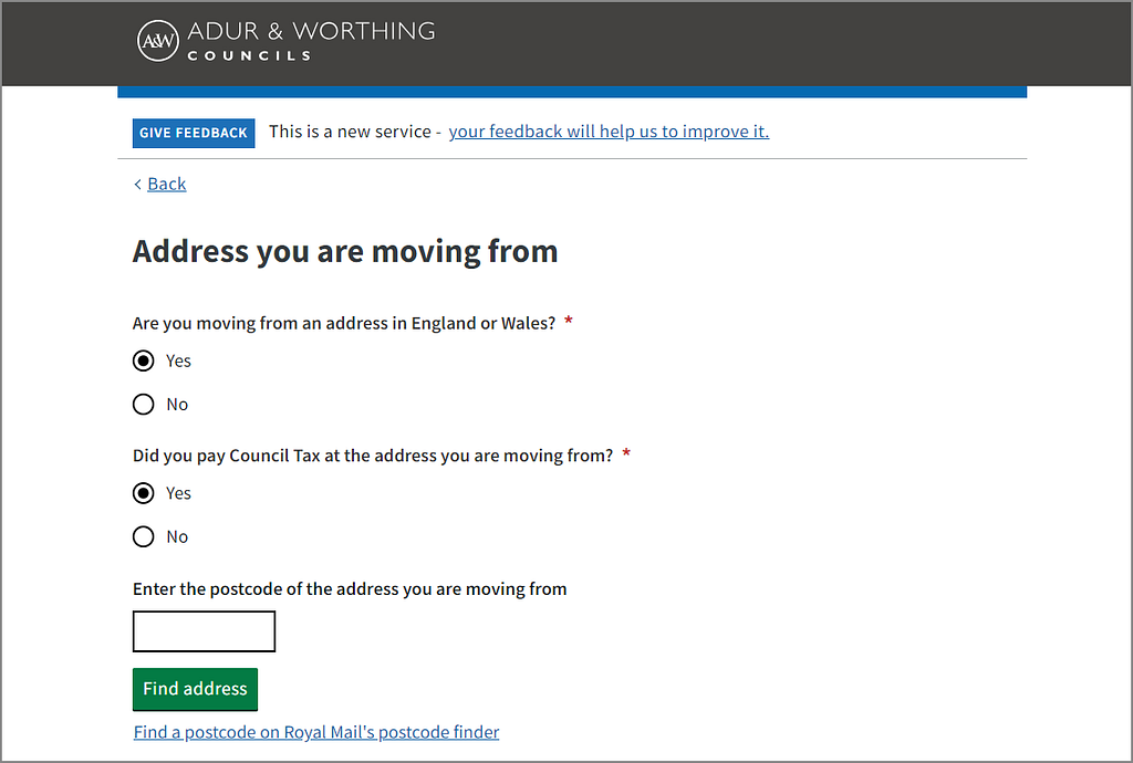 Online change of address form for Council Tax