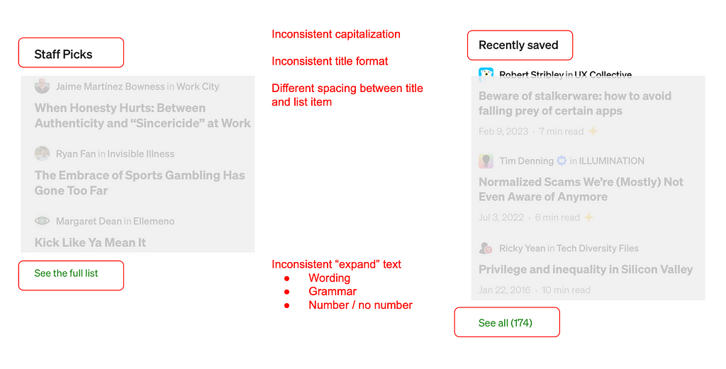 Comparison of two sections from the Medium homepage. There are inconsistencies in capitalization, title format, spacing, wording, grammar, and use of numbers.