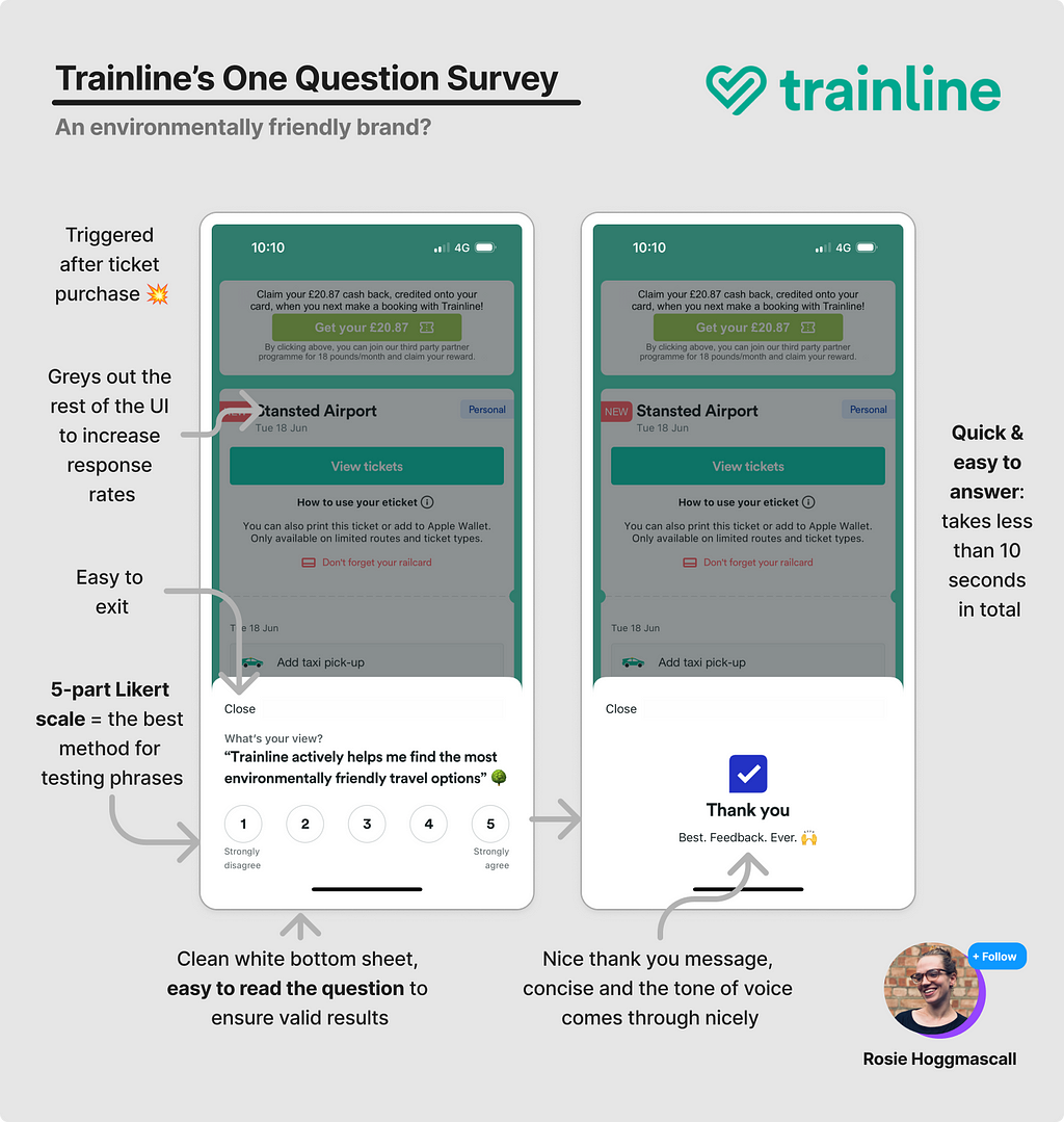Analysis of Trainline’s one-question survey with the thank you screen afterwards