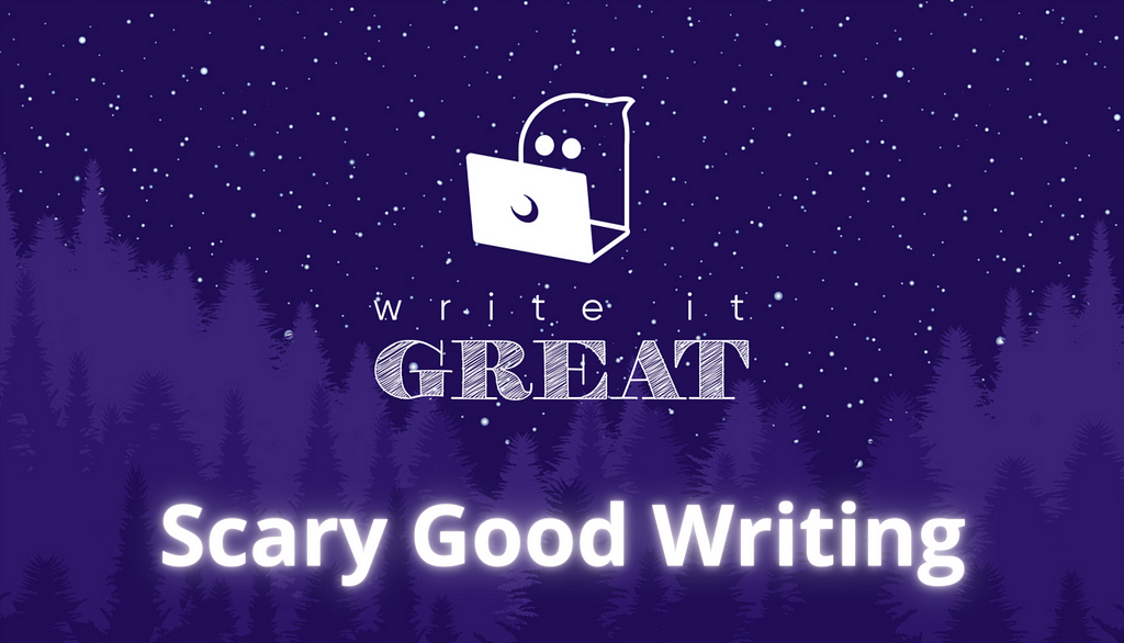 Write it Great logo of a ghost working at a laptop with a crescent moon symbol. Text: Scary Good Writing
