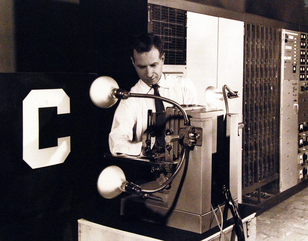 This photo shows the Mark I Perceptron, an experimental machine which can be trained to automatically identify objects or patterns, such as letters of the alphabet.