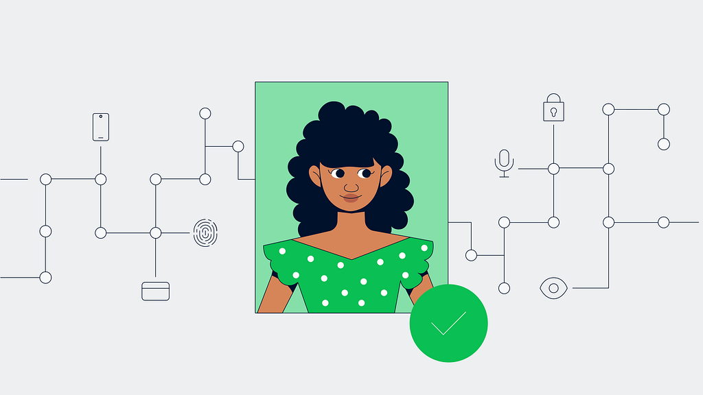 Illustration of a potrait picture of a person. The picture has a green background. The person wears a top with green color and white polka dots. This potrait has different lines connecting to its edges. The lines terminate with illustrations of credit card, finger print, microphone, padlock etc.