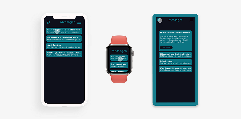 Three different approaches to design mockups: a clay iPhone, a realistic Apple Watch, and a subtle blue frame.