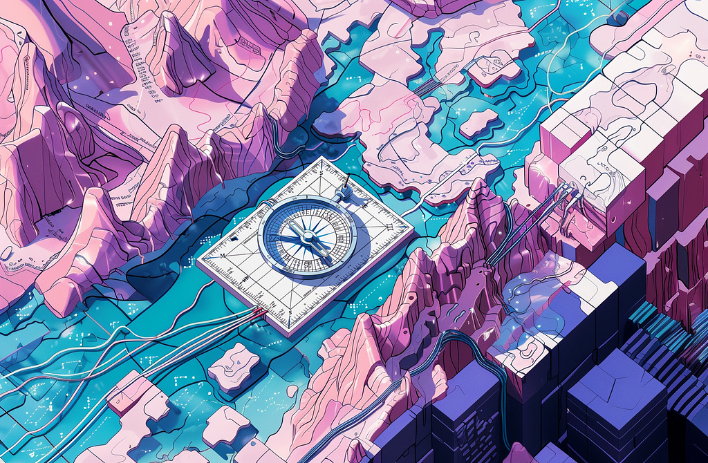 Illustration of a compass in a topographical map depicting the complexity of navigating rugged terrain as an analogy for generative AI user experiences