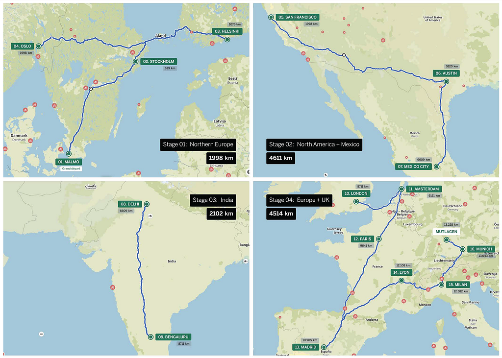 A Google map image of the Tour de frog route in 2022, showing the path it took between four stages. Starting with Stage 1: Malmo, Stockholm, Helsinki to Oslo. Stage 2: San Francisco, Austin to Mexico City. Stage 3: Delhi to Bangalore. Stage 4: London, Amsterdam, Paris, Madrid, Lyon, Milan, Munich to Mutlangen.