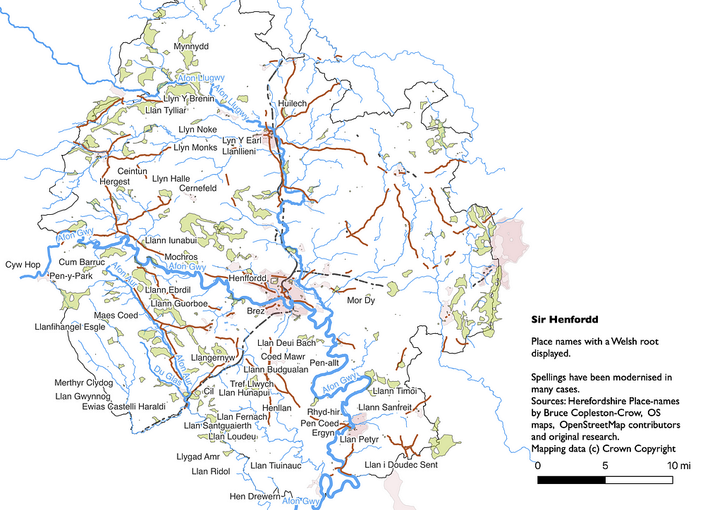 A simplified map of Herefordshire showing the main rivers, patches of green and Welsh names which occur almost entirely to the left hand side of the map and are more concentrated at the bottom