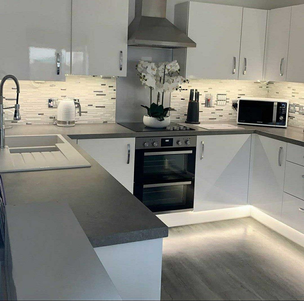 U Shaped Grey and White Modular Kitchen