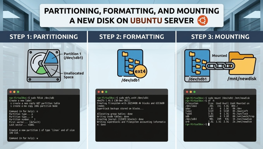 Partitioning, Formatting, and Mounting a New Disk on Ubuntu Server