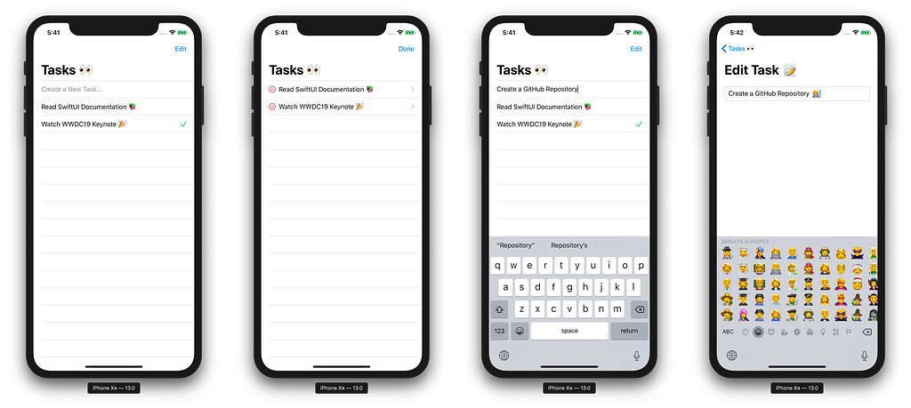 Four screenshots of a simple to-do list application