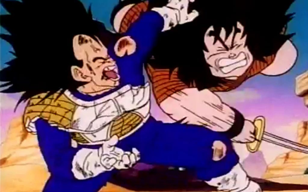 Yajirobe uses his surprise Kenjutsu abilities to attack a weakened Vegeta.