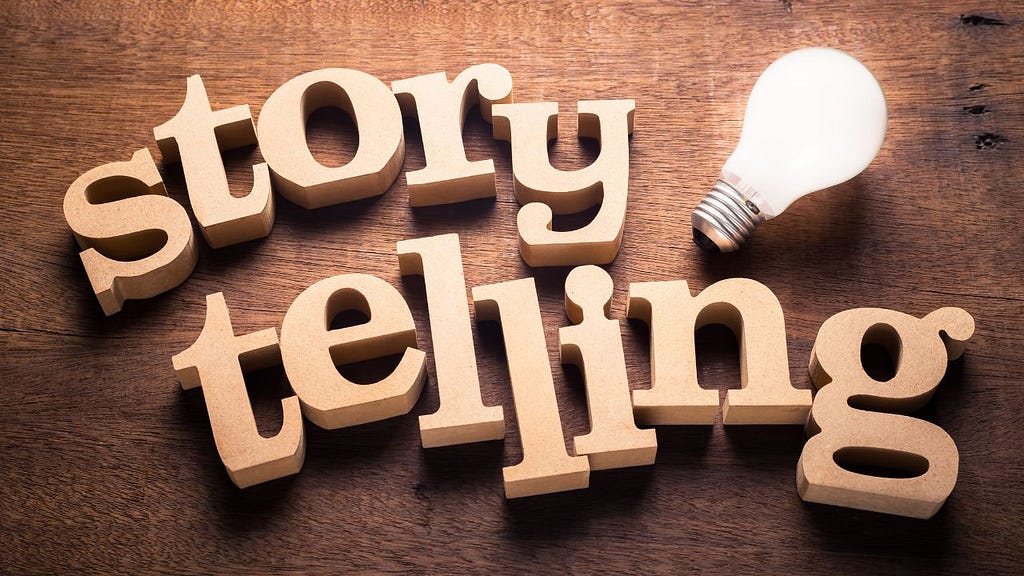 Block letters spelling out the words “story telling”