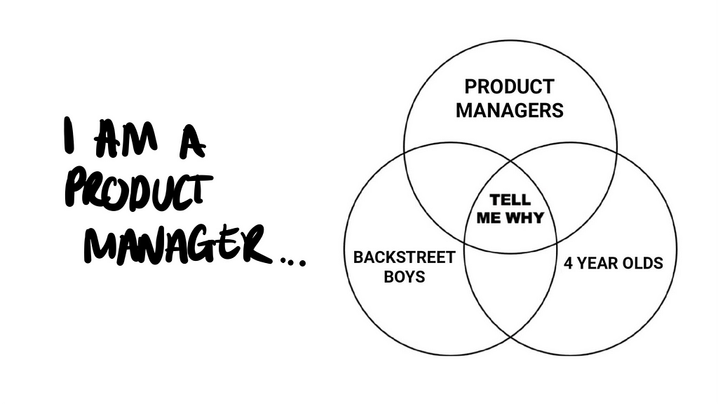 this says i am a product manager on the left and on the right it is a venn diagram showing a product manager, 4 year olds and backstreet boys all with ‘tell me why’ in common
