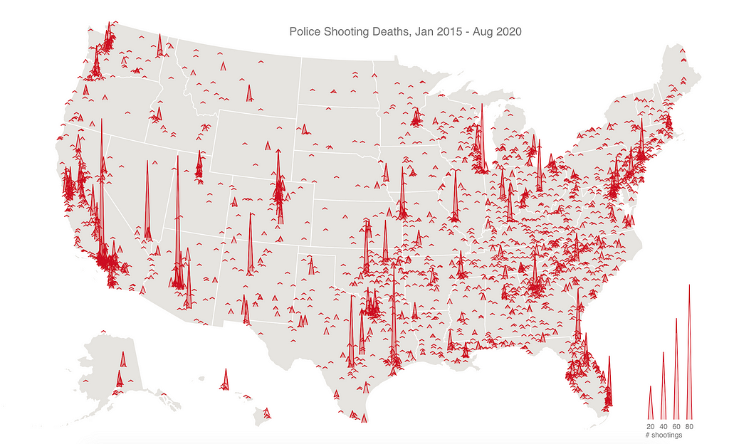 Map of the U.S. showing many red spikes — heights correspond to the number of police shootings of people in each town/city.