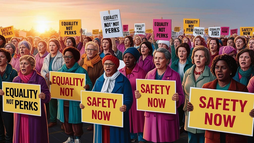 A diverse group of women protesting for equal rights