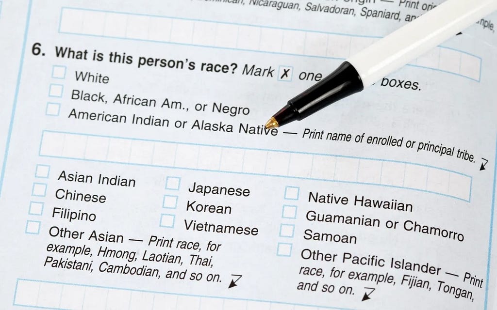 This is an image of the 2020 US Census form, showing the ‘race’ question. It highlights the issue of white status threat discussed in the article.