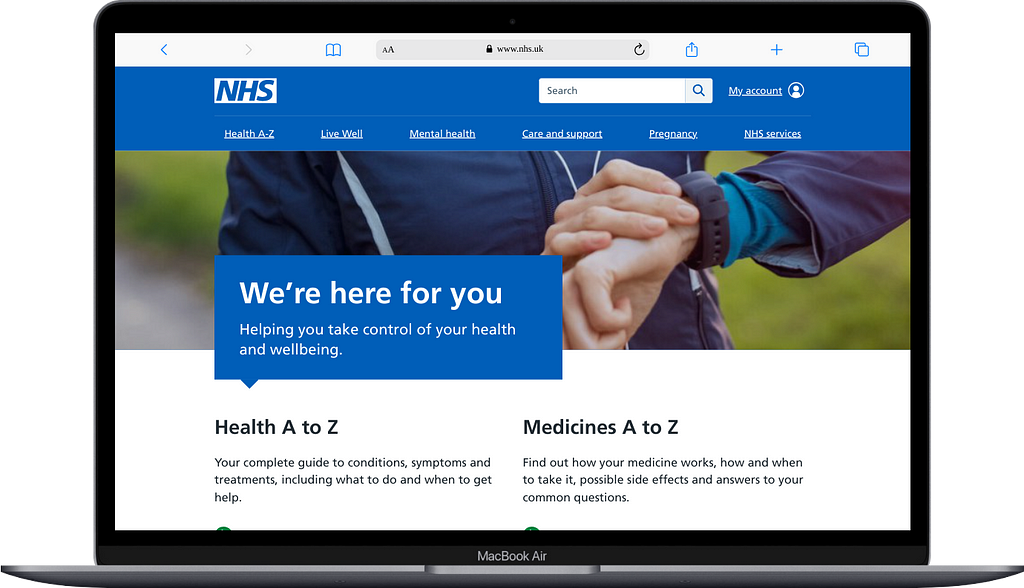 Screenshot of the NHS homepage on a laptop.