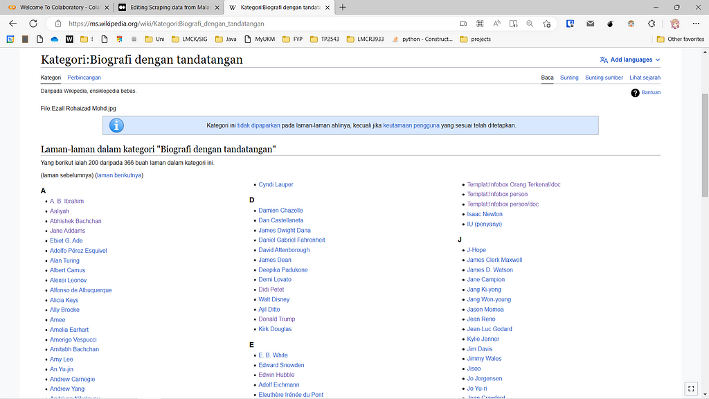 Malay Wikipedia index page of biographies with a signature