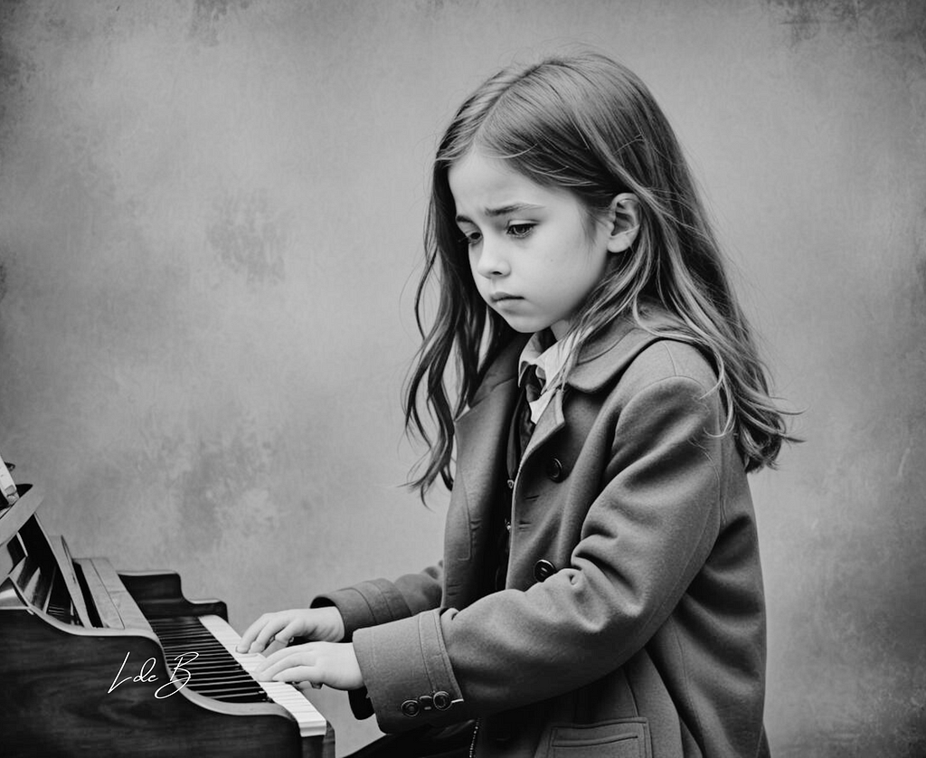 Autist young girl with a long coat who is playing piano. Black and white.