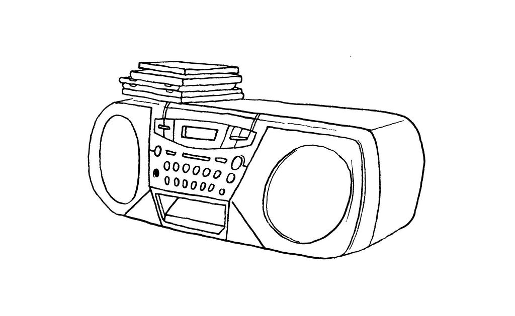 A black ink drawing of an old boombox with CDs on top