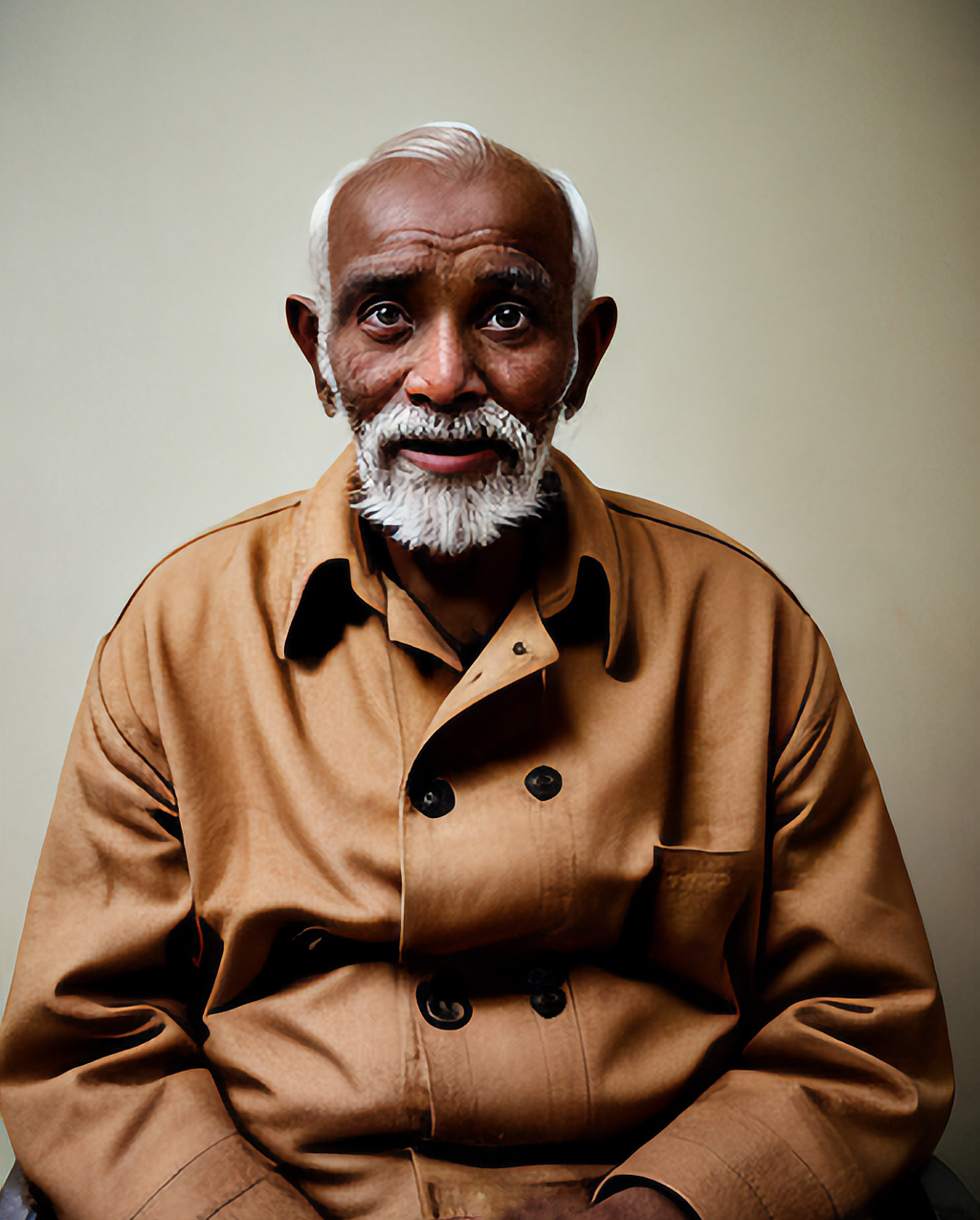 A realistic photograph-style image of an old Indian man, bearded and dark-skinned, looking at the viewer