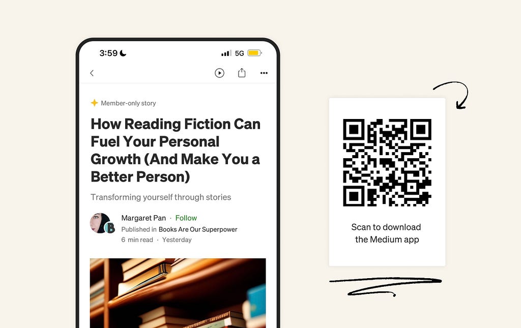 a screenshot of a Medium story on a smartphone and a QR code to download the Medium app.